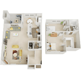 Two floor plans of a house with a kitchen, living room, and bedrooms.