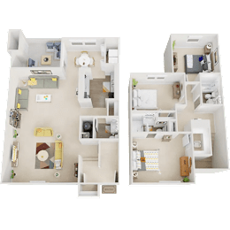 Two 3D floor plans of a house showing the layout of rooms and furniture.