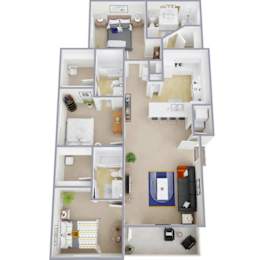 A floor plan of a small apartment with a kitchen, living room, and bathroom.