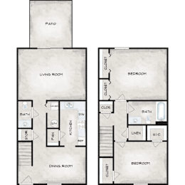A floor plan of a two bedroom apartment with a living room, dining room, kitchen, and bathroom.