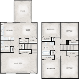 A floor plan of a house with a patio, kitchen, dining room, living room, and three bedrooms.