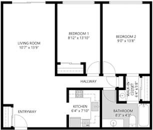 A black and white image of a floor plan for a home with a living room, two bedrooms, a kitchen, bathroom, and hallway.