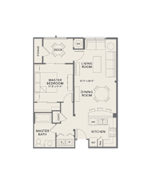 A floor plan of a house with a master bedroom, a living room, a dining room, a kitchen, a master bath, and a deck.