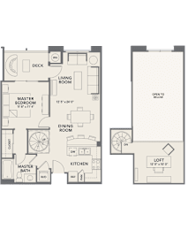 A floor plan of a house with a master bedroom, a living room, a dining room, a kitchen, a loft, and a deck.