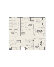 A floor plan of a home with a master bedroom, two bathrooms, a kitchen, a dining room, and two bedrooms.