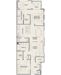 A floor plan of a house with two bedrooms, a master bedroom, and a dining room.