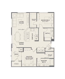 A floor plan of a house with a living room, dining room, two bedrooms, a master bedroom, a deck, a storage area, and a master bath.