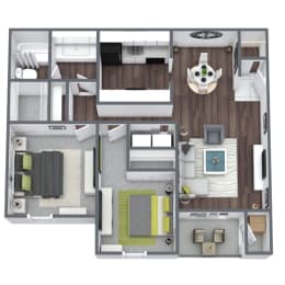 a 3d drawing of the 1 bedroom floor plan with roommates