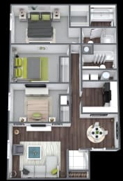 a 3d rendering of a floor plan with a bedroom and living room