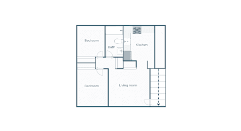 A floor plan of a house with two bedrooms, a living room, a kitchen, and a bathroom.
