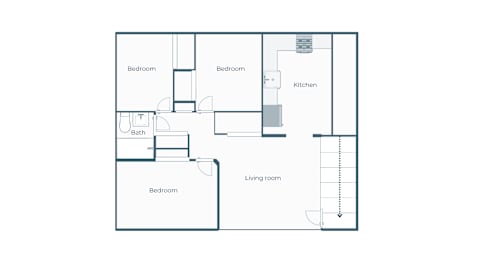 A floor plan of a house with two bedrooms, a bathroom, a kitchen, and a living room.