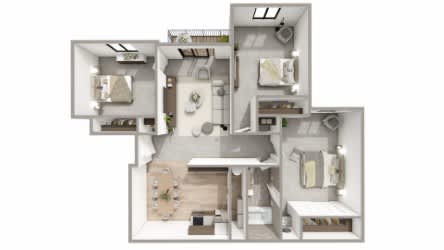 A floor plan of a house with a kitchen, living room, and two bedrooms.