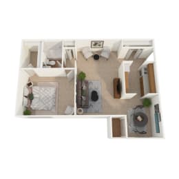 a stylized floor plan with a bedroom and a living room