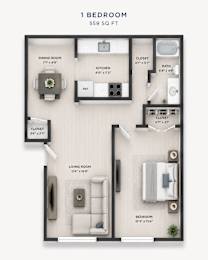A floor plan of a 1 bedroom apartment sized at 559 square feet.