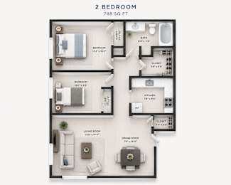 A 2 Bedroom apartment is 788 square feet with a living room, dining room, kitchen, and two bedrooms.