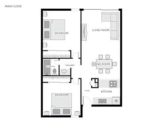 A floor plan of a house with two bedrooms, a living room, a dining room, a kitchen, a foyer, and two bathrooms.