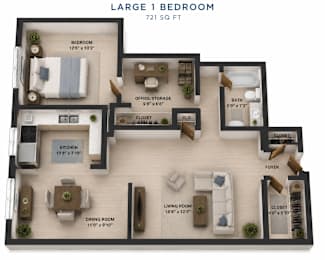 A floor plan of a large 1 bedroom apartment sized at 721 sq ft.