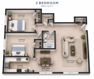 A 2 bedroom apartment is 850 square feet with a living room, kitchen, dining room, and two bedrooms.