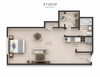 A floor plan of a studio apartment with a kitchen, bathroom, and living area.
