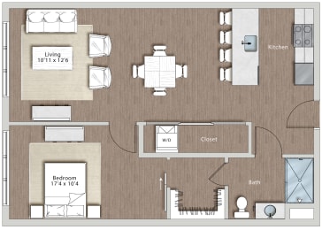 Floor plan of a living room with a bedroom and a kitchen  at Sono Central Residential, Norwalk, CT, 06854