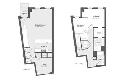 Two floor plans for a property with a living area, kitchen, and two bedrooms.