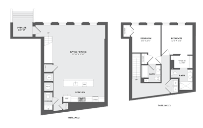 A floor plan of a house with two bedrooms and a living room.