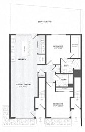 A floor plan of a house with a living room, dining room, kitchen, and two bedrooms.