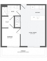 1 Bed 1Bath A2 Floor Plan at The Audubon New Haven, Connecticut