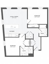2 Bed 2 Bath B2 Floor Plan at The Audubon New Haven, Connecticut