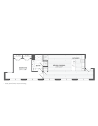 A floor plan of a one bedroom apartment with a living and dining area.