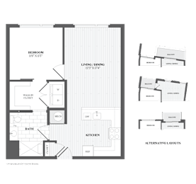A black and white image of a floor plan for a home with a living room, kitchen, bathroom, and walk-in closet.