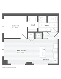 A black and white image of a floor plan for a small apartment.