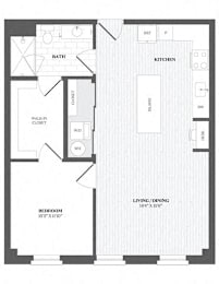 A floor plan of a house with a living room, dining room, kitchen, and bath.