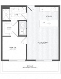 A floor plan of a house with a living room, kitchen, bathroom, and bedroom.