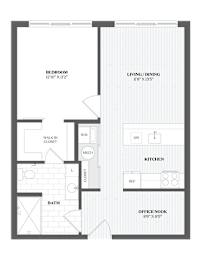 A black and white floor plan of a house with a bedroom, living/dining area, kitchen, bath, and office nook.