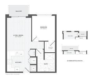 A black and white image of a floor plan for a Balcony, Living/Dining, Kitchen, Bath, and Walk-in Closet.