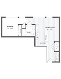 A floor plan of a home with a bedroom, bath, living/dining area, and kitchen.