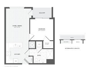 A black and white image of a house floor plan with a balcony, living/dining area, bedroom, bathroom, kitchen, and walk-in closet.