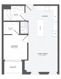 A floor plan of a house with a living room, dining room, kitchen, and bathroom.
