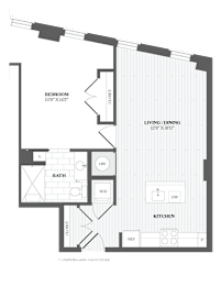 A floor plan of a house with a bedroom, bath, living/dining area, and kitchen.