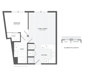 A floor plan of a house with a living room, dining room, kitchen, and bathroom.