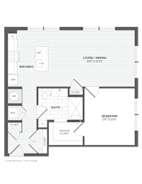 A black and white image of a floor plan for a living/dining room, kitchen, bathroom, and bedroom.