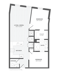 A floor plan of a house with two bedrooms, a living/dining area, a kitchen, a powder room, a bath, and a walk-in closet.
