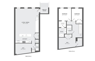 A floor plan of a two-bedroom apartment with a living/dining room and kitchen.