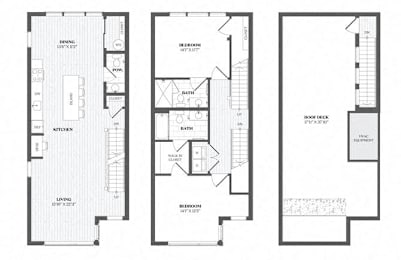 Three floor plans for a house with a living room, kitchen, and bathrooms.