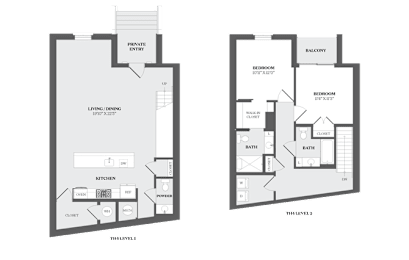 A floor plan of a house with a living room, kitchen, and two bedrooms.