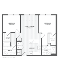 A black and white image of a house floor plan with two bedrooms, a living dining area, a kitchen, a bath, and a walk-in closet.