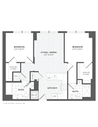 A floor plan of a house with three bedrooms, a living/dining area, a kitchen, two bathrooms, and a walk-in closet.