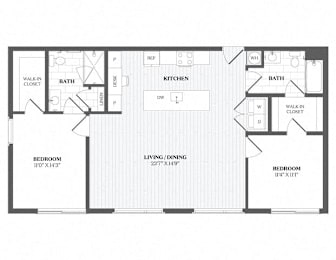 A floor plan of a house with two bedrooms, a living/dining area, a kitchen, a bathroom, and a walk-in closet.