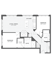 A floor plan of a house with a living room, kitchen, and two bedrooms.